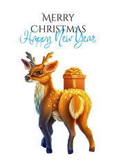 Illustration banner with a Christmas deer  cute deer with a gift. New Year's print for a festive card. Festive cartoon reindeer with a surprise box