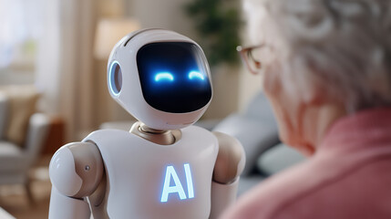 Friendly humanoid robot with AI display interacting with elderly woman in home environment.
