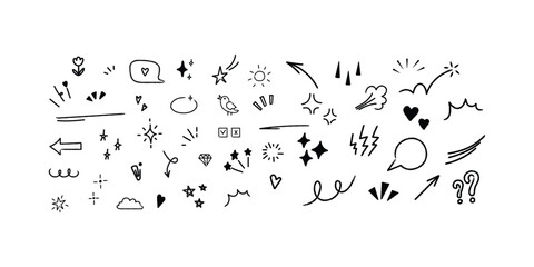 Hand Drawn Doodle Element Set. Cute Arrows, Hearts, Clouds, and Sparkle Sketch Icons for Journals and Creative Design