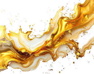 Flowing abstract composition, mixing golden and white fluid against a dark background