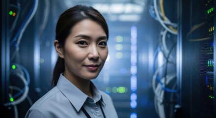 Data center technician working on servers in a modern facility during the day in a technology-rich environment