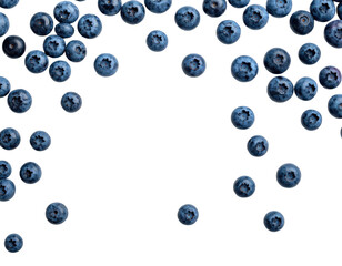 An overhead view showing multiple blueberries arranged around a blank, black background