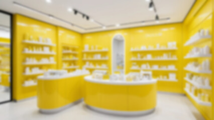 Blurred background of a beauty skincare shop with a clean and luxurious look.