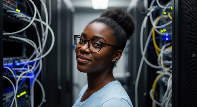 Skilled technician working in a data center surrounded by servers and cables
