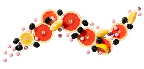 Grapefruit, lemon, blackberry, and pink candy slices arranged in a wavy pattern, isolated on transparent background