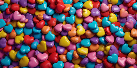 Obraz premium A vibrant, overhead shot of numerous colorful heart-shaped candies in pink, blue, yellow, red, and purple, creating a cheerful and sweet background