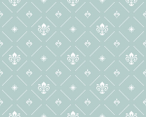 Seamless pattern. Modern geometric ornament with royal lilies. Classic light blue and white background