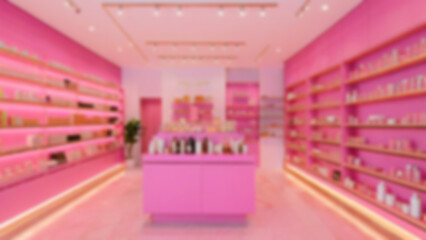 Blurred background of a beauty skincare shop with a clean and luxurious look.