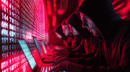Naklejka premium Hooded hackers working on laptops in a dark red-lit room with binary code projection. 