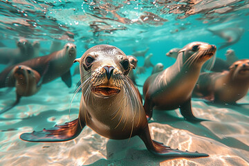 A magnificent display of a playful group of sea lions gracefully swimming and frolicking in the crystal-clear ocean waters  