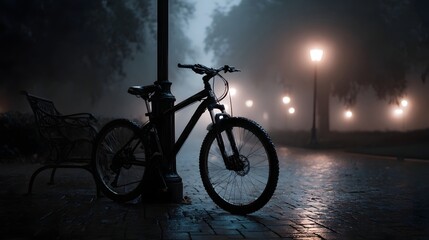 Obraz premium A solitary bicycle rests against a vintage lamppost on a misty wet night illuminated by glowing streetlights