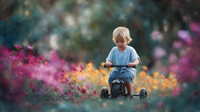 Young boy riding a tricycle through a colorful garden with blooming flowers and soft bokeh background - Powered by Adobe