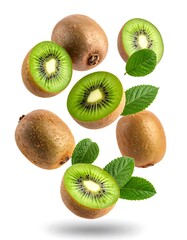 Kiwi fruit slices in mid-air, with leaves