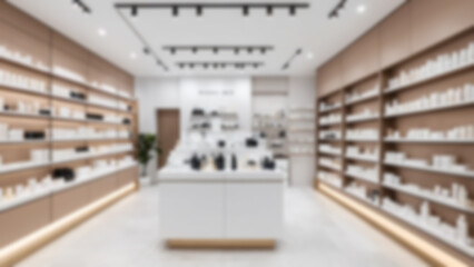 Blurred background of a beauty skincare shop with a clean and luxurious look.