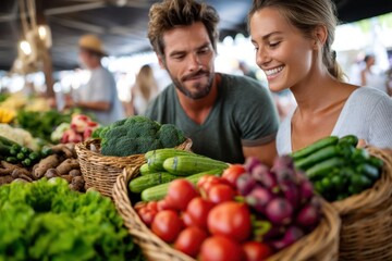 Couple enjoys shopping for fresh produce at outdoor market in sunny, vibrant setting