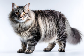 Fototapeta premium Majestic Kurilian Bobtail Cat with Fluffy Puff Tail and Striking Stripes on Light Background