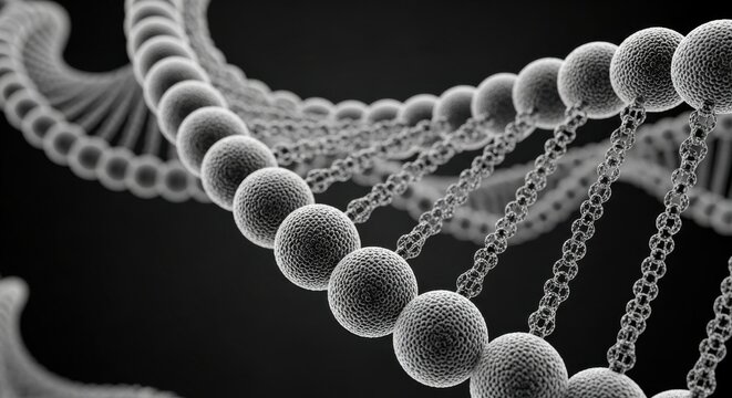 Detailed representation of a DNA structure showcasing its helical form and molecular components in a dark background