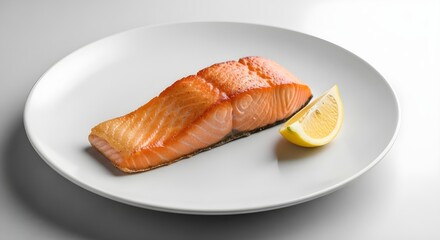 perfectly cooked salmon fillet with lemon wedge