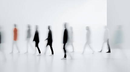 Blurred motion of multiple people walking in the same direction in a minimalistic white space.

