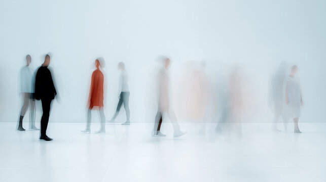 Blurred motion of multiple people walking in the same direction in a minimalistic white space.
