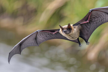 A majestic bat gracefully soars above the tranquil river, showcasing its impressive wingspan in a stunning display of freedom and beauty  