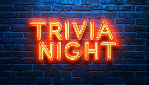 Neon Trivia Night sign glowing on brick wall background