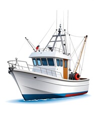 Fototapeta premium Illustration of a modern fishing vessel, white hull, blue trim, isolated