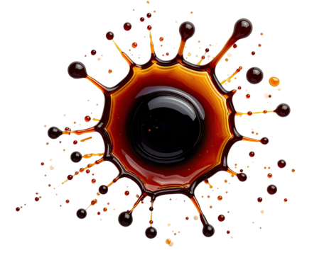 Artistic splash effect, rich brown liquid bursts outward from a dark central point, black background
