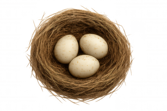 Bird's nest holding three speckled eggs, symbolizing new life, nature, and the promise of spring, on a transparent background
