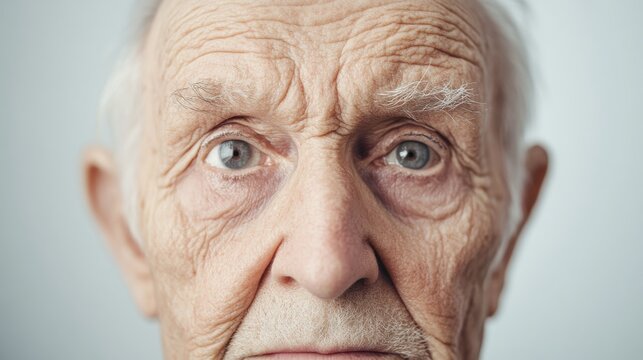 Portrait of an elderly man with deep wrinkles and expressive eyes against a neutral background, capturing wisdom and life experience