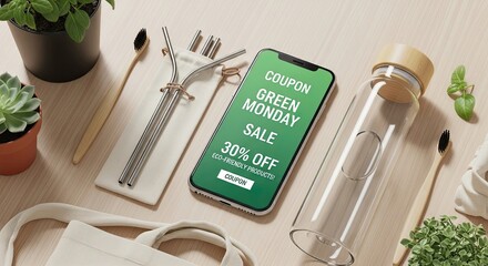 Green monday sale coupon on smartphone with ecofriendly items