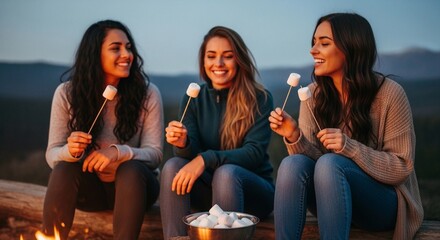 Girls friends roasting marshmallow on stick over campfire with fire in outdoor setting. Picnic with sweet food confectionery on vacation