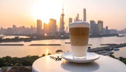 Latte on a rooftop with city sunrise