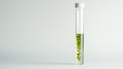 Test tube with clear liquid and green particles in laboratory