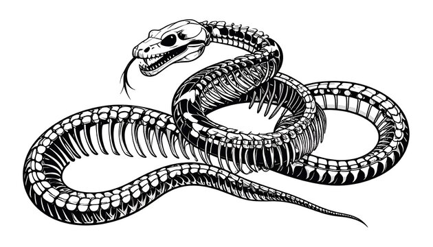 Illustration of a snake skeleton in black and white on a plain background