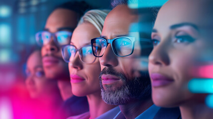 Group of focused professionals analyzing data with digital interface graphics overlayed.
