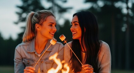 Girls friends roasting marshmallow on stick over campfire with fire in outdoor setting. Picnic with sweet food confectionery on vacation