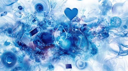 Abstract blue heart with electronic devices in dreamlike setting