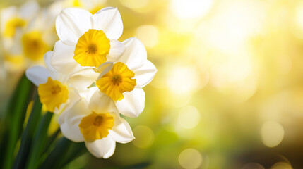 Fresh yellow and white daffodils blooming in sunlight with soft golden bokeh in the background.
