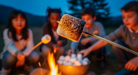 Group of children together roasting marshmallow on stick over campfire with fire in outdoor setting. Picnic with sweet food confectionery on vacation