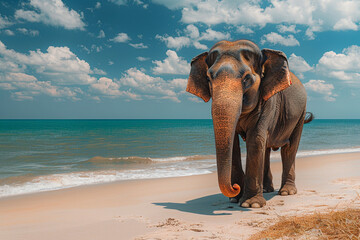 A majestic elephant gracefully strolling along the golden shores of a tranquil beach, embodying strength, beauty, and serenity in perfect harmony with its natural surroundings  