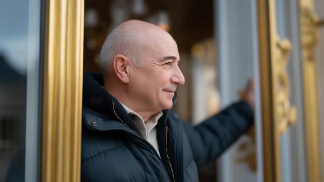 Retired butler showing reflective expression while closing grand mansion door for final time, emotion of peace mixed with melancholy, symbolizing emotional closure, loyalty, and the dignity of
