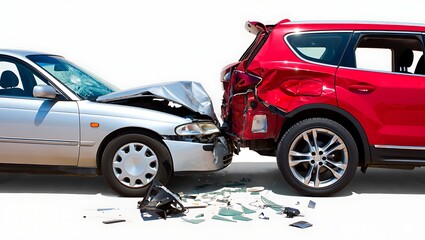 Severe car accident with damaged vehicles after collision isolated on white