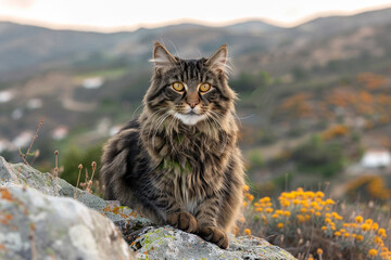 A majestic and powerful black and green feline cat with a lion-like tiger face in a stunning landscape setting  