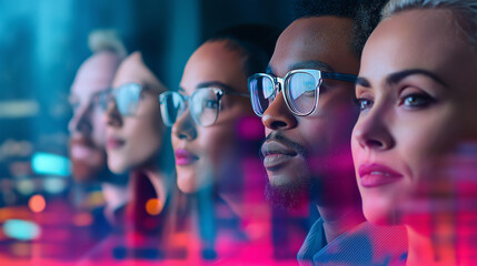 Group of focused professionals analyzing data with digital interface graphics overlayed.
