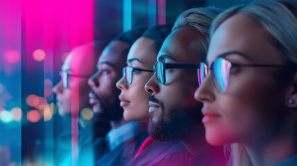 Group of focused professionals analyzing data with digital interface graphics overlayed.
