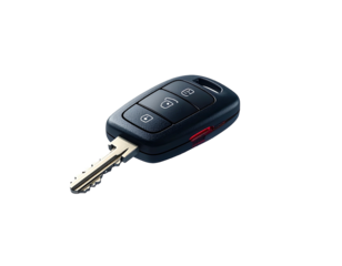 A close-up rendering of a modern black key fob with several buttons and a metal key extending