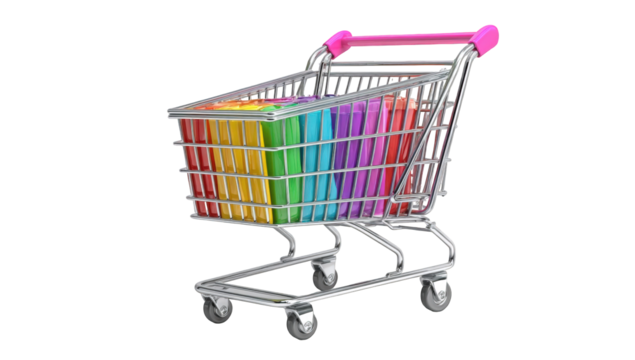Colorful shopping cart filled with rainbow items