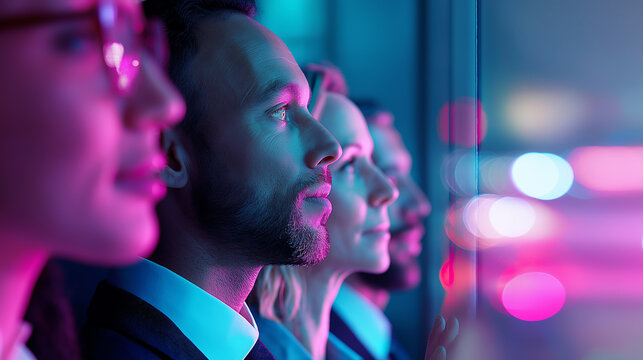 Group of focused professionals analyzing data with digital interface graphics overlayed.
 - Powered by Adobe