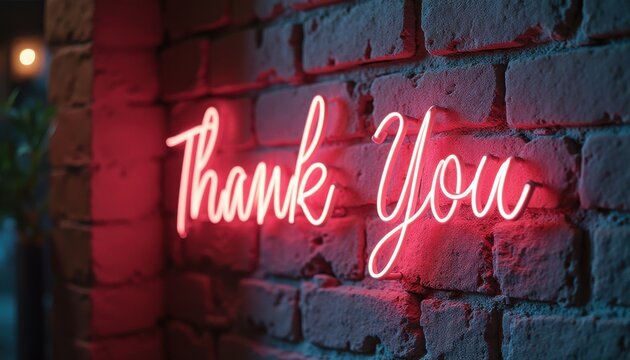 Neon sign saying 'Thank You' on brick wall at night